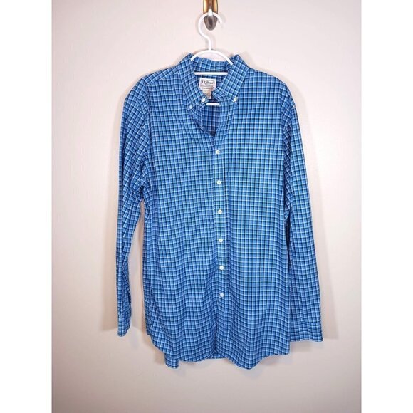 L.L.Bean Mens‎ Long Sleeve Button Down Plaid Shirt Blue Checkered Size M Tall - Picture 1 of 4